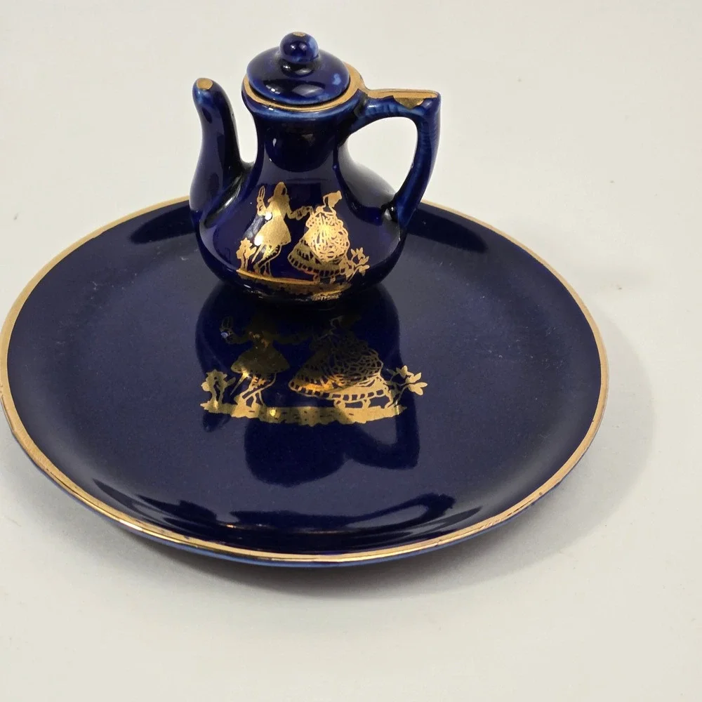 Cobalt Blue Miniature Porcelain Tea Set Gold Trim Fragonard Courting Couple 9pc